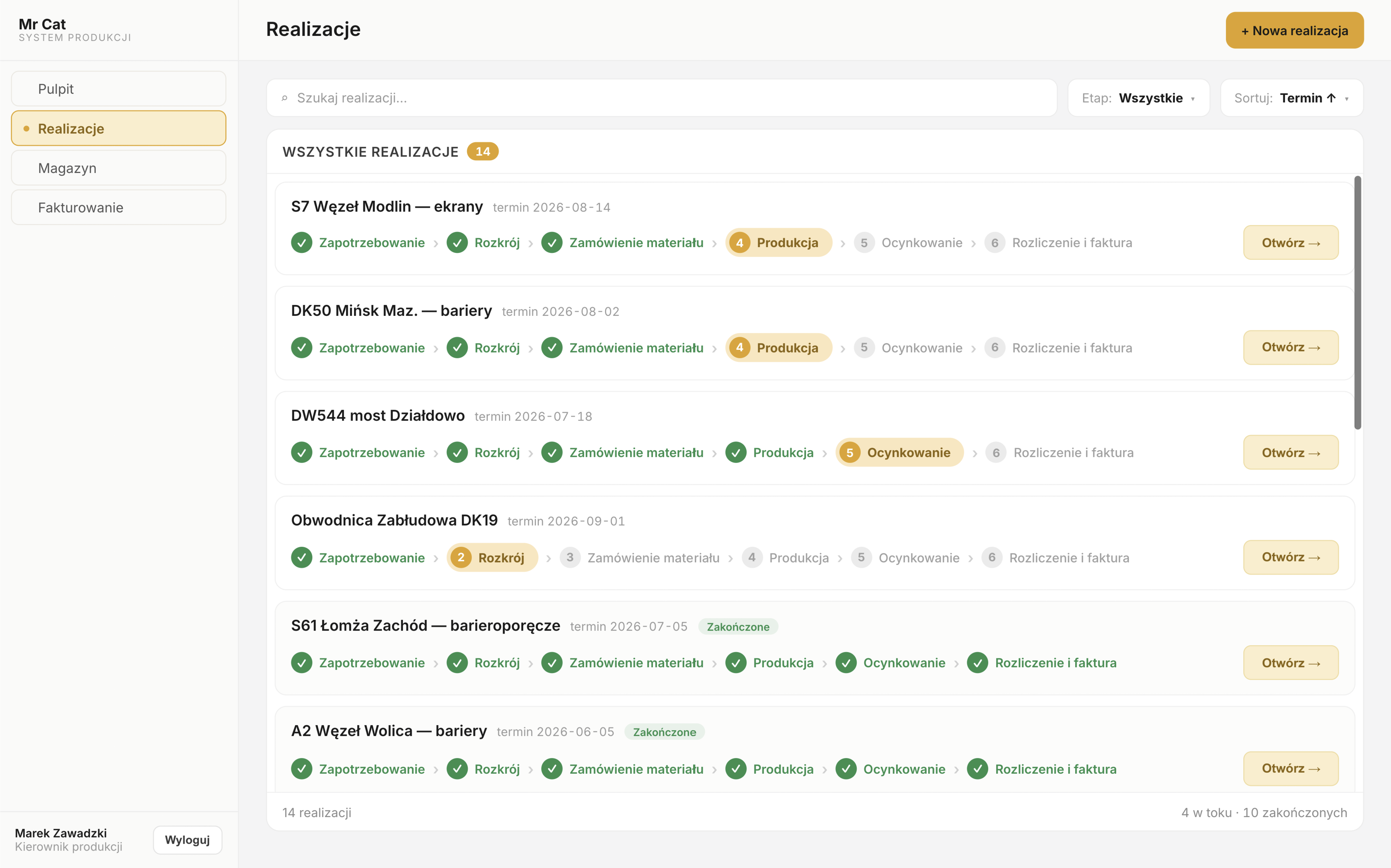Projects list with the workflow stage