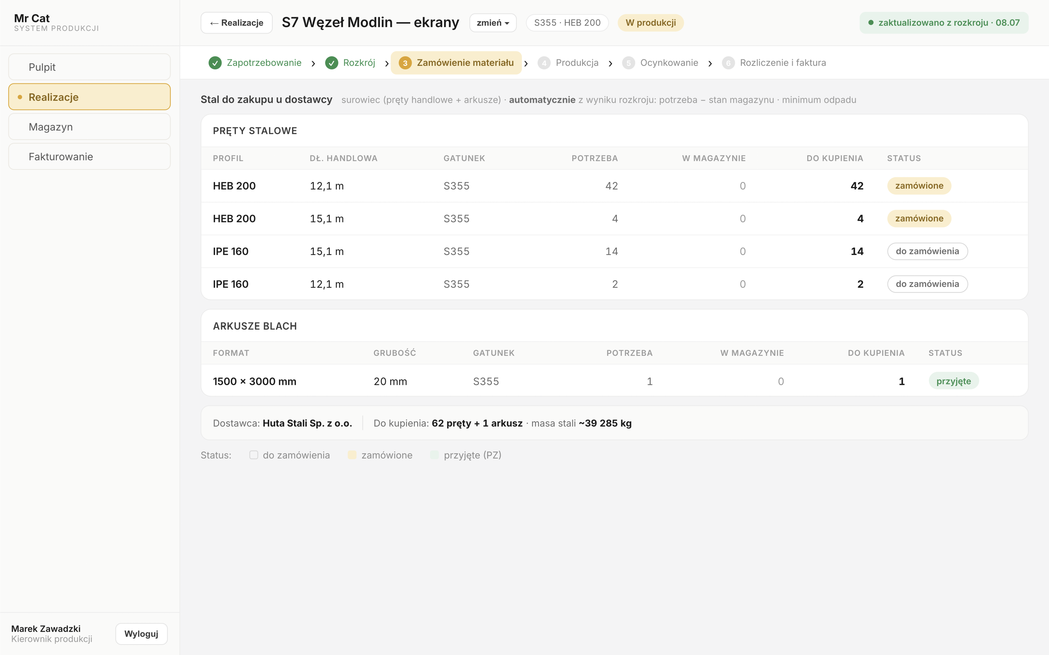 Material order from the optimization result