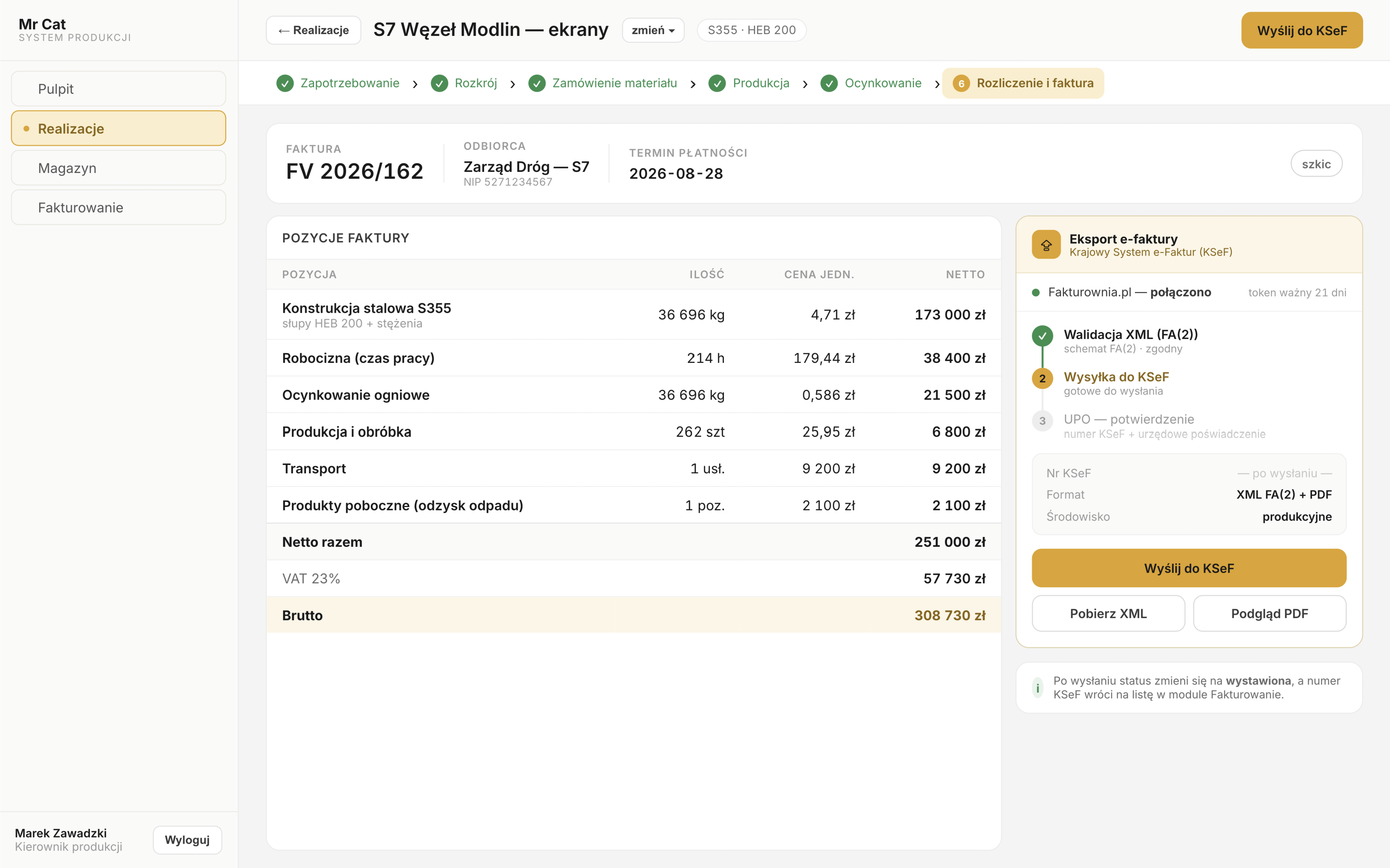 Invoice computed from the Costs module