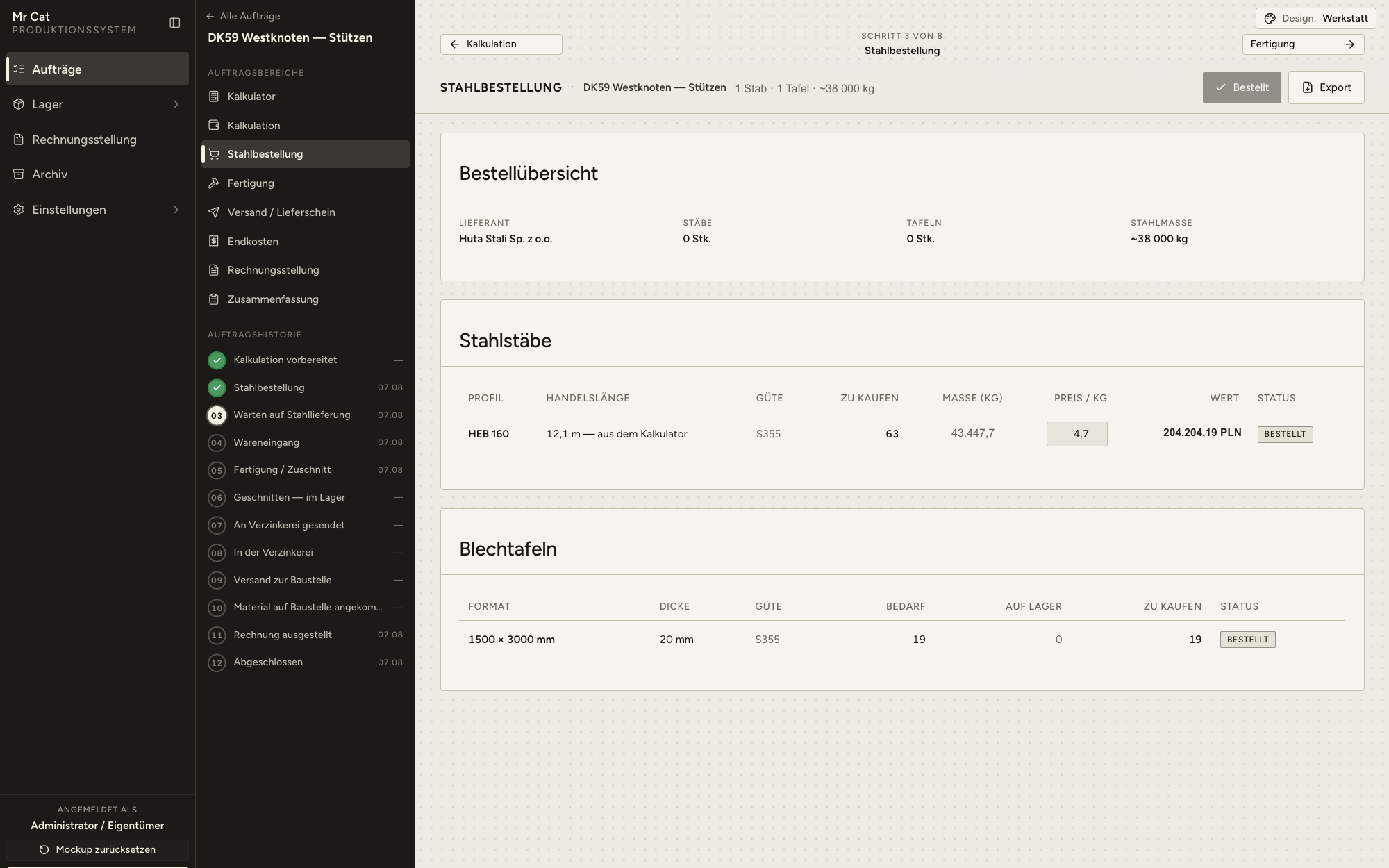 Materialbestellung – Status und Dokumentation