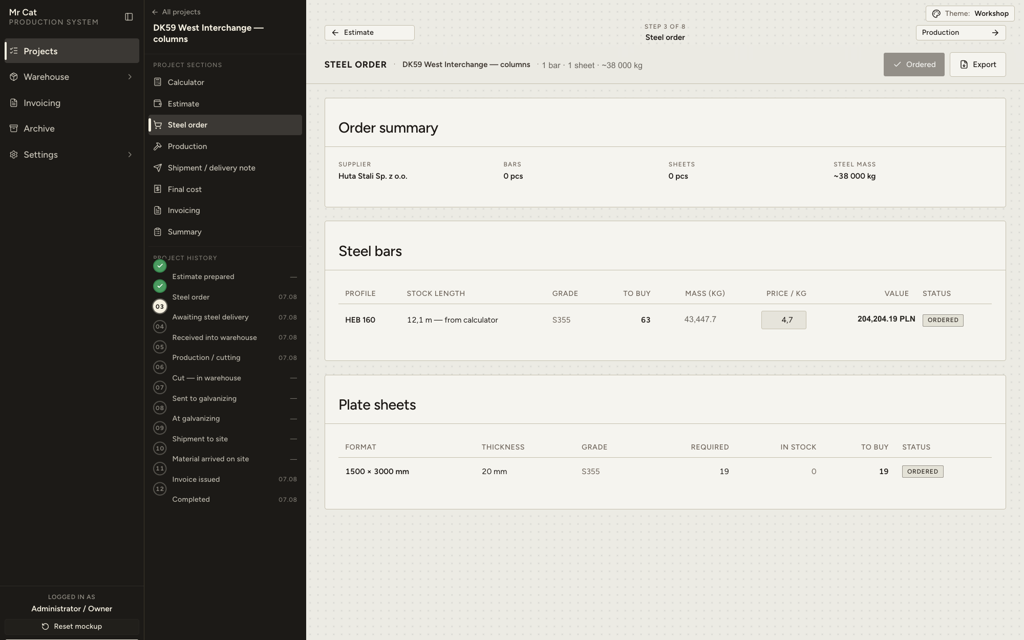 Material order — status and documentation