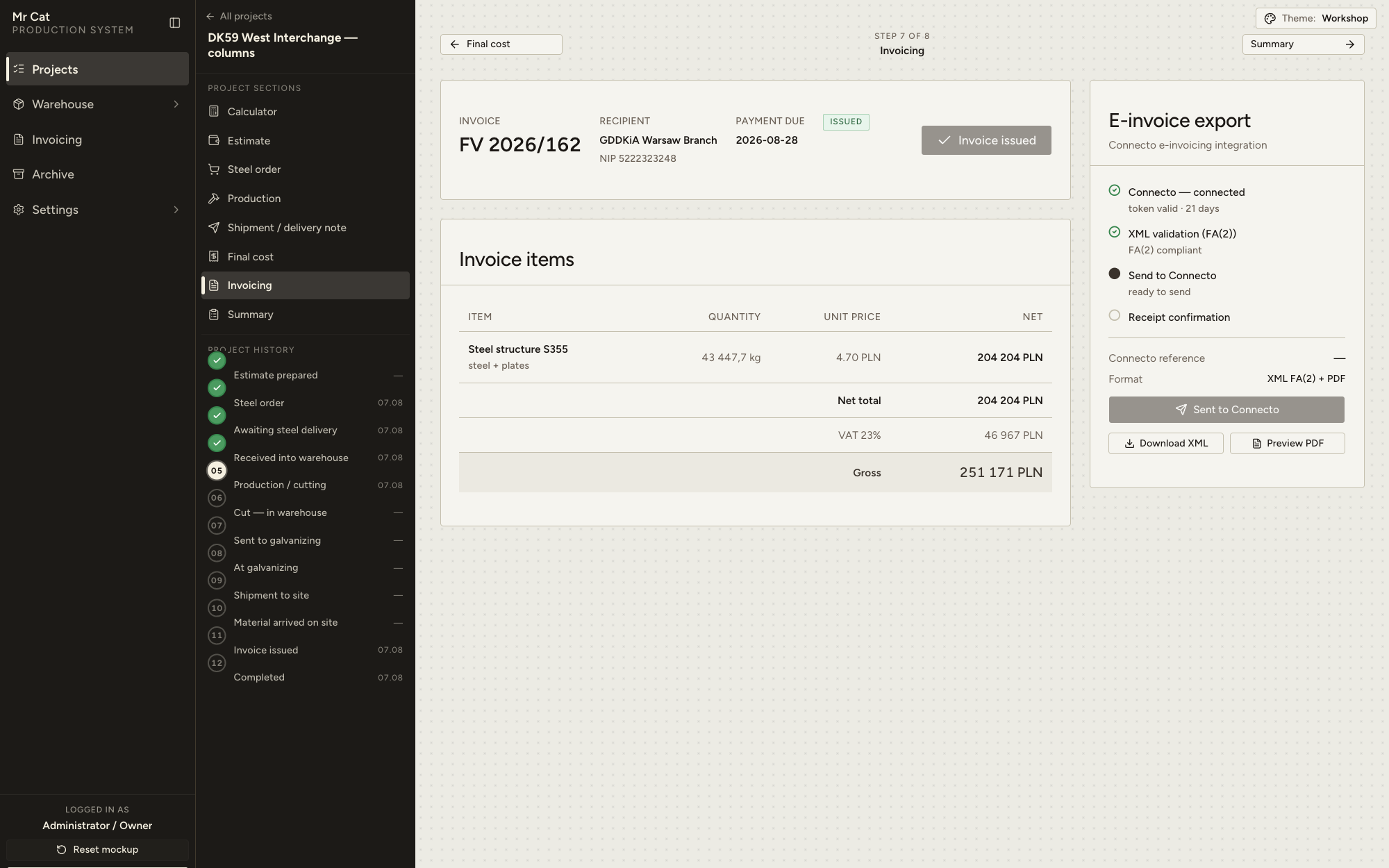 Invoice worked out from the Costs module