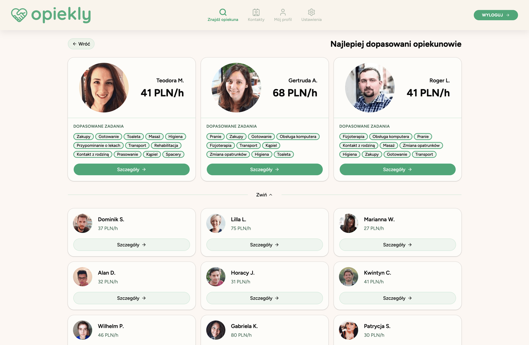 Matched caregivers list — desktop view