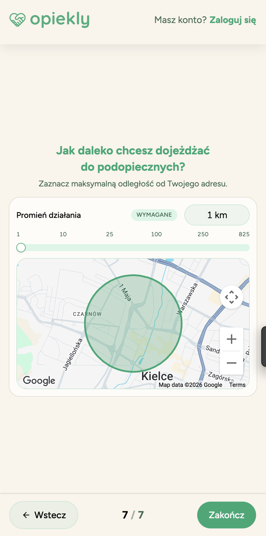 Caregiver's service radius selection — mobile view