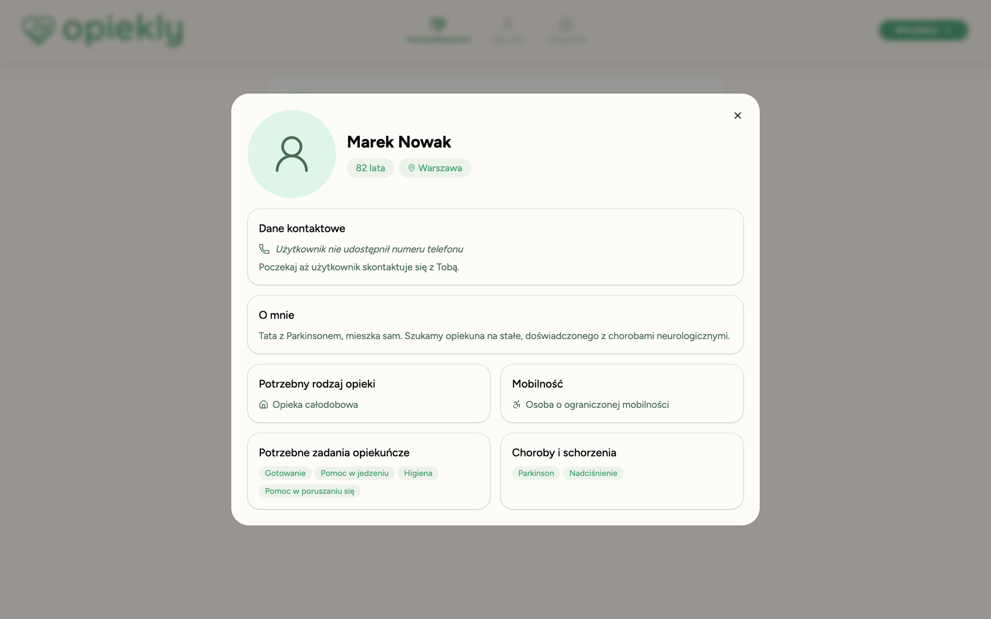 Care recipient's profile + care seeker's contact details