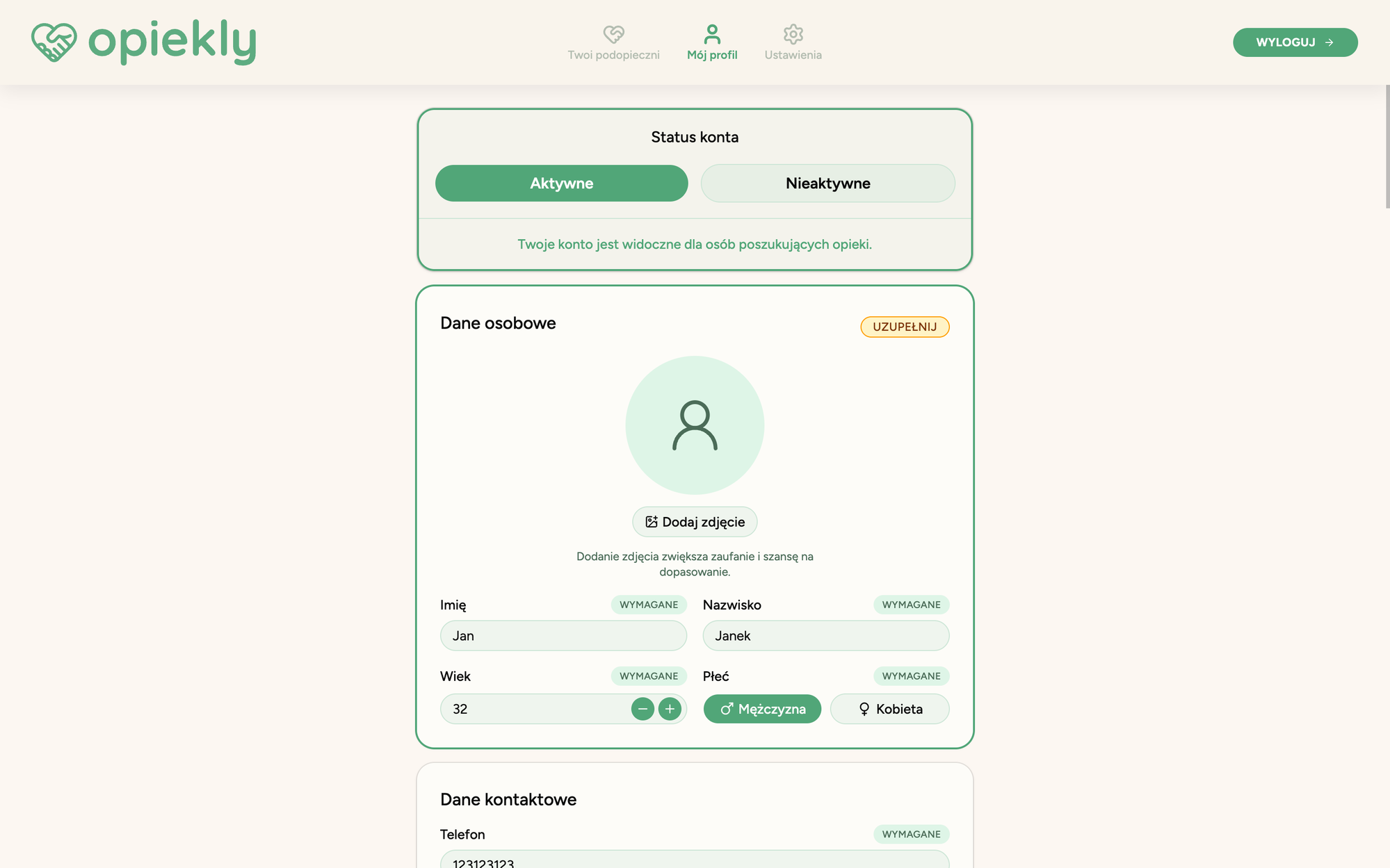 Caregiver profile — account status and personal data
