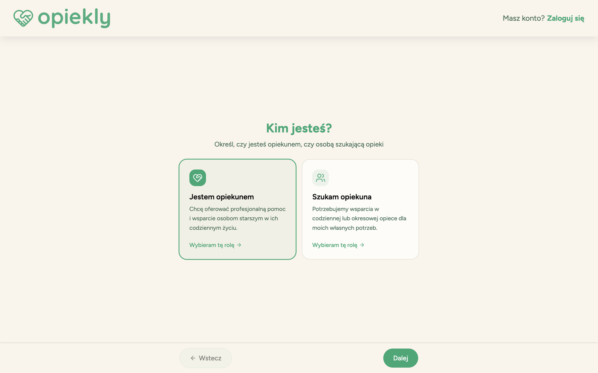 Role and care type selection