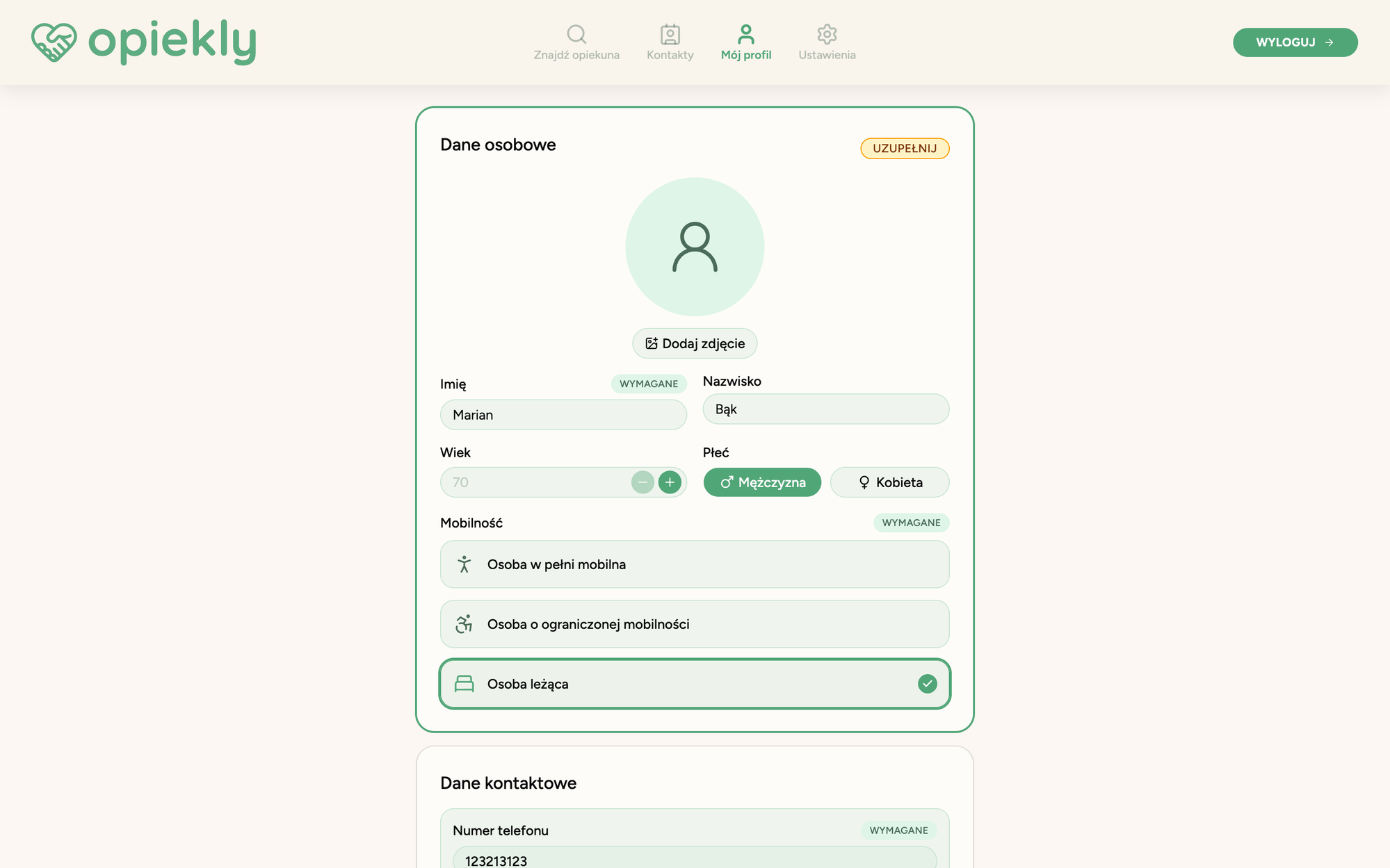Care recipient profile — personal data and mobility