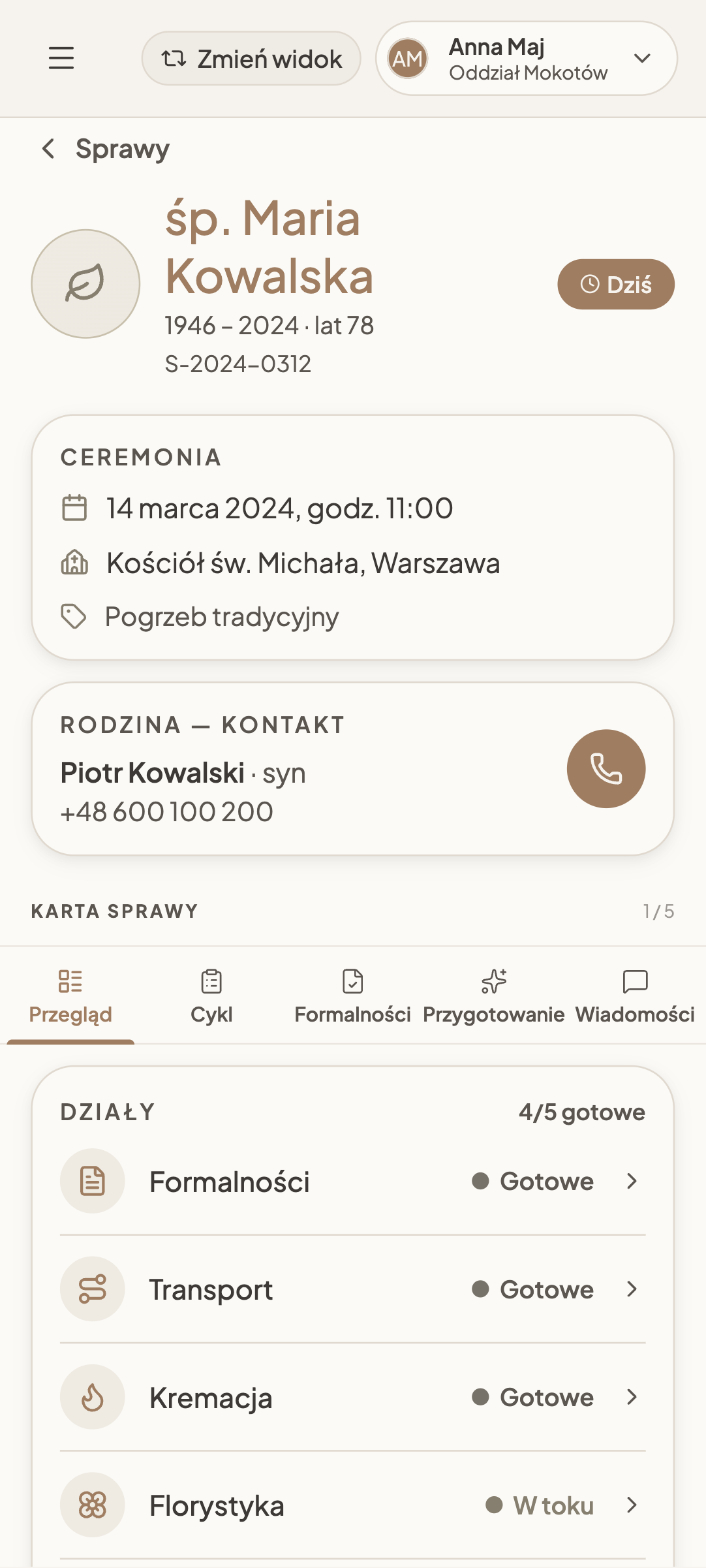 Case view — the late Maria Kowalska